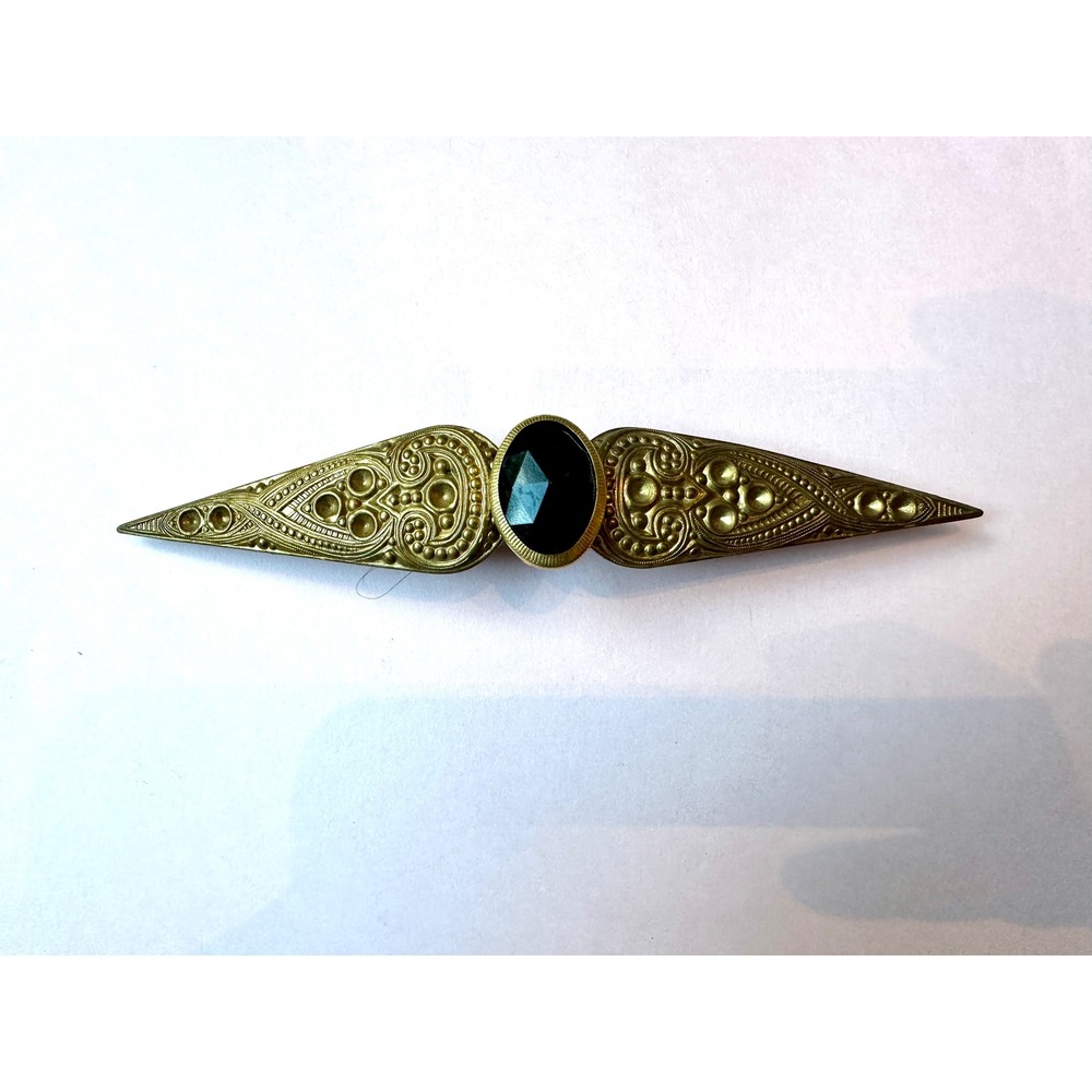 Victorian 1800s Brass Sash Pin Barrette Faceted Black Onyx Glass Hair Clip